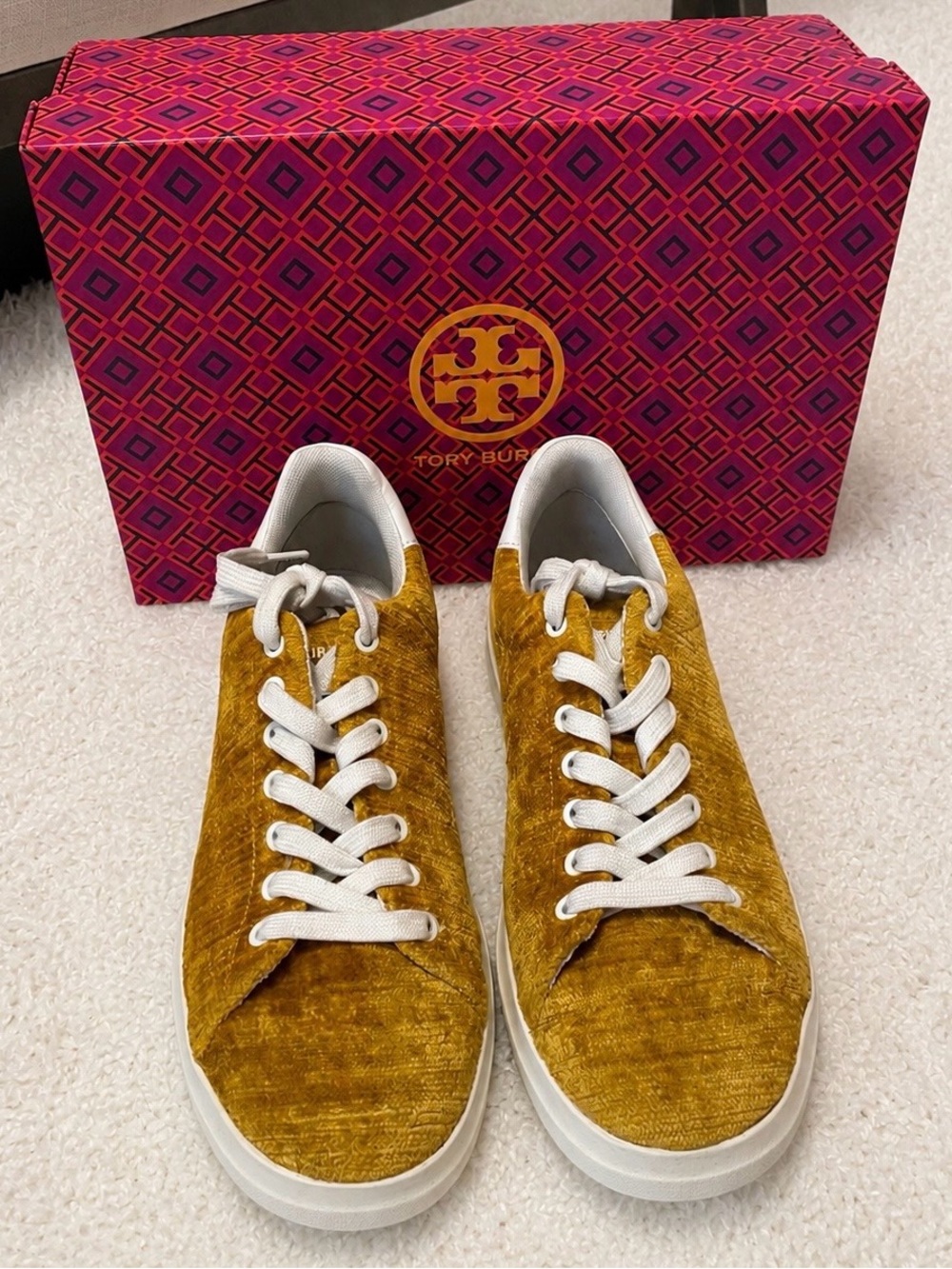 Tory Burch Howell Court Mustard Yellow Velvet Sneakers
